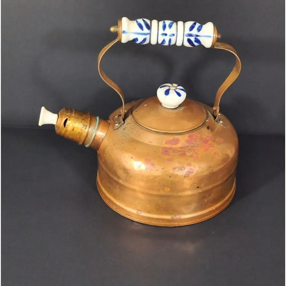 Antique Copper brass teapot with porcelain Delft handle